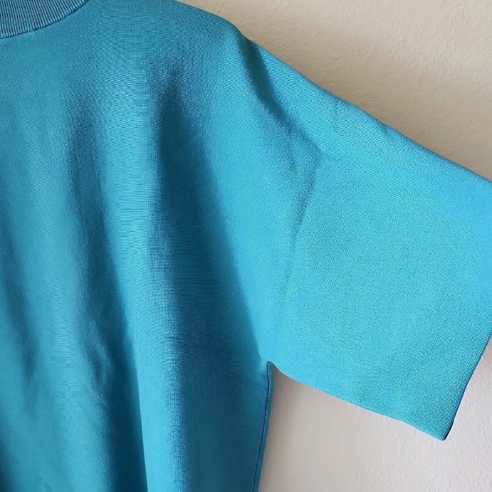 Chico's Teal Sweater Short Sleeve Mock Neck Wide Elbow Sleeves Sz L (2) Soft - Picture 11 of 16